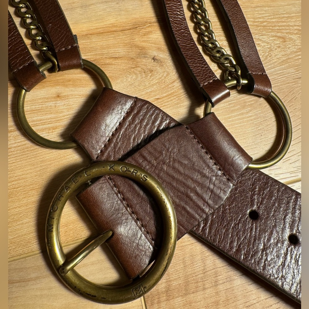 Michael Kors Brown Leather Belt with Gold-toned Hardware